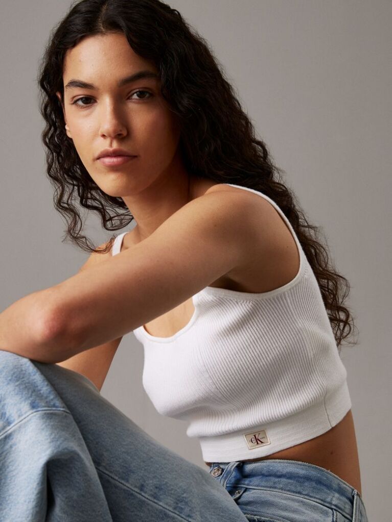 Λευκό Ριμπ Βαμβακερό Bralette Τοπ  Γυναίκα