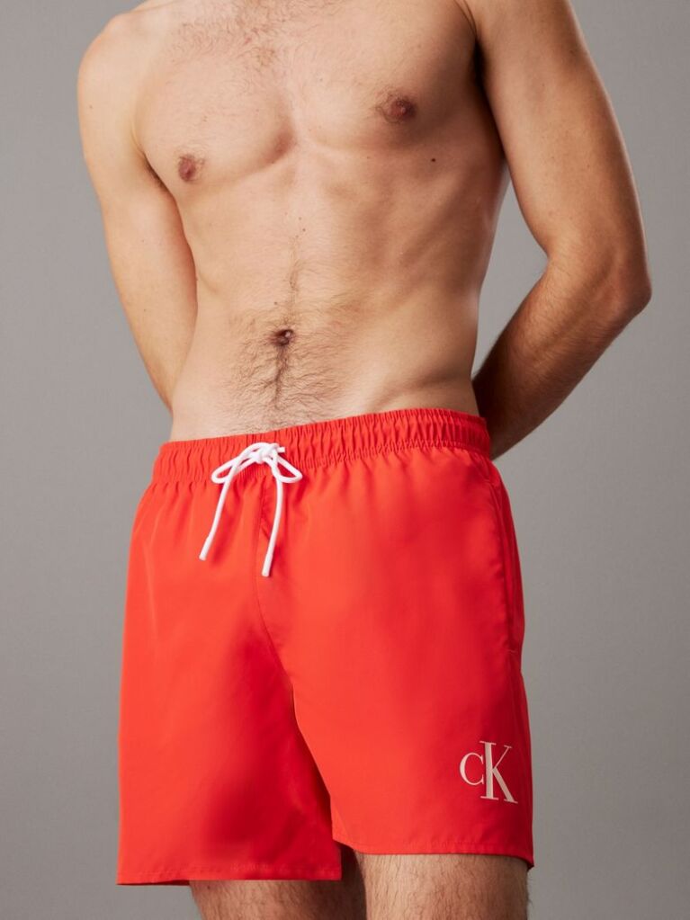 Red Medium Drawstring Swim Shorts - CK Monogram  Men