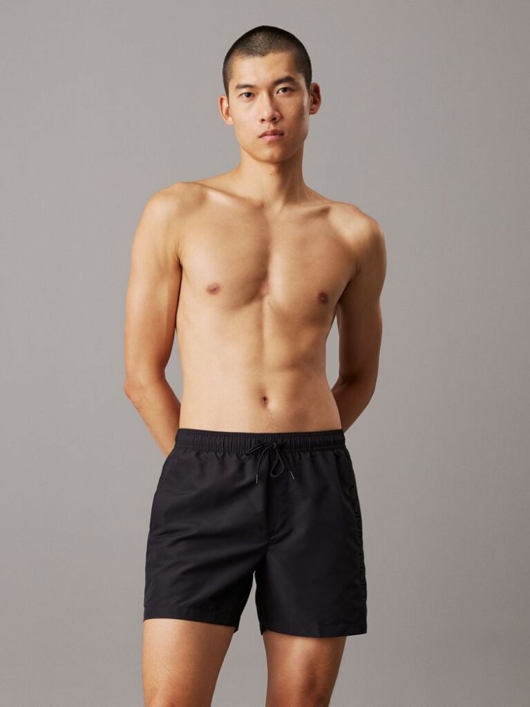 Black Medium Drawstring Swim Shorts - Logo Embroidery  Men