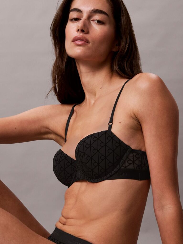 Black Lightly Lined Demi Bra - Emblem Flocked Mesh  Women