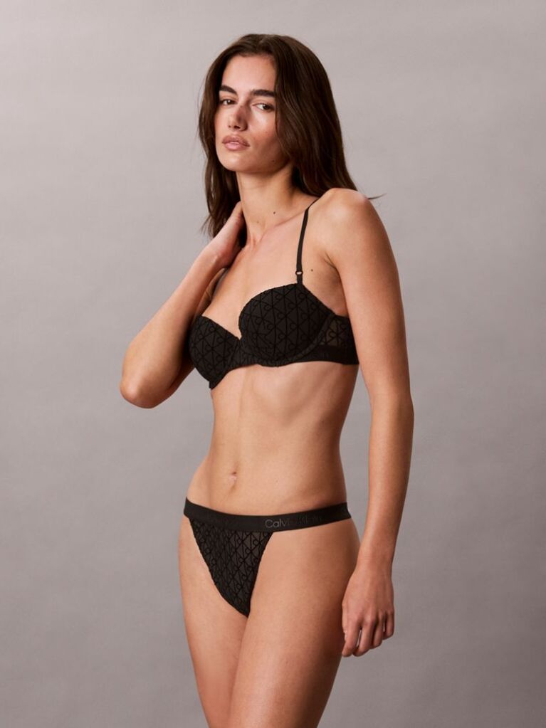Black High Leg Thong - Emblem Flocked Mesh  Women
