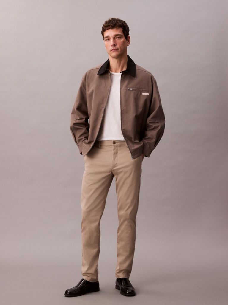 Khaki Slim Stretch Cotton Chino Trousers  Men