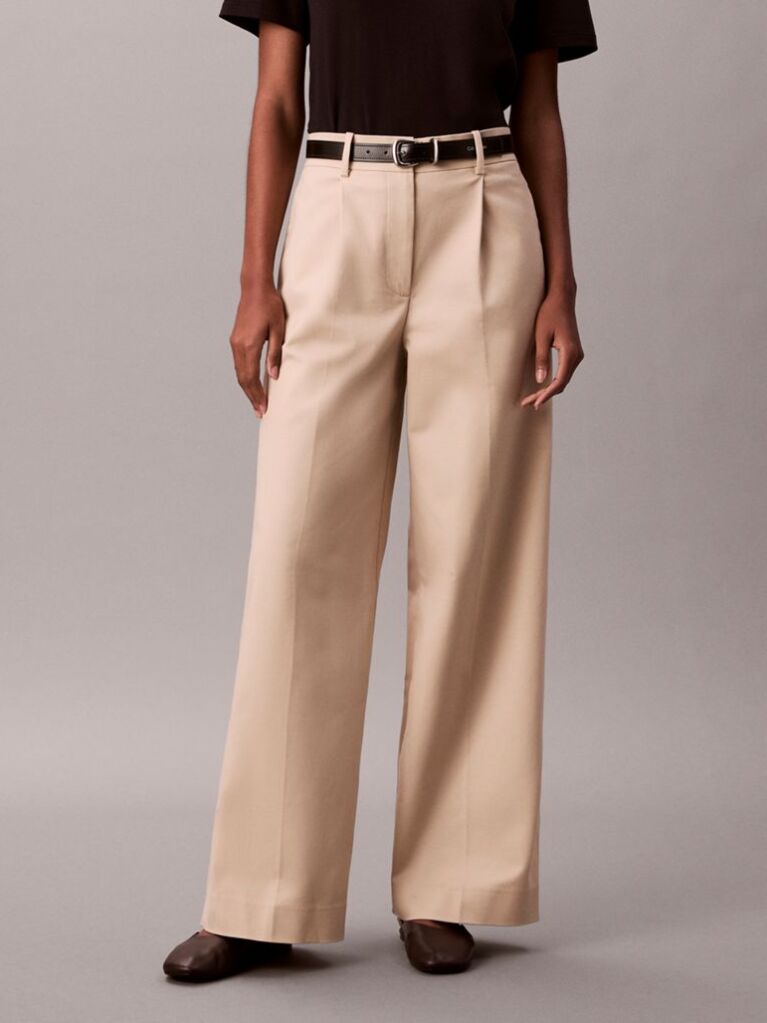 Khaki Wide Leg Chino Trousers  Women