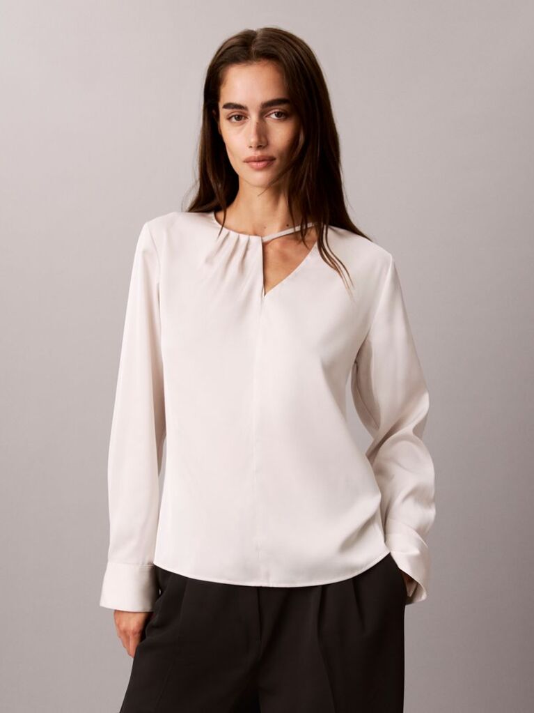 White Satin Asymmetrical Long Sleeve Top  Women