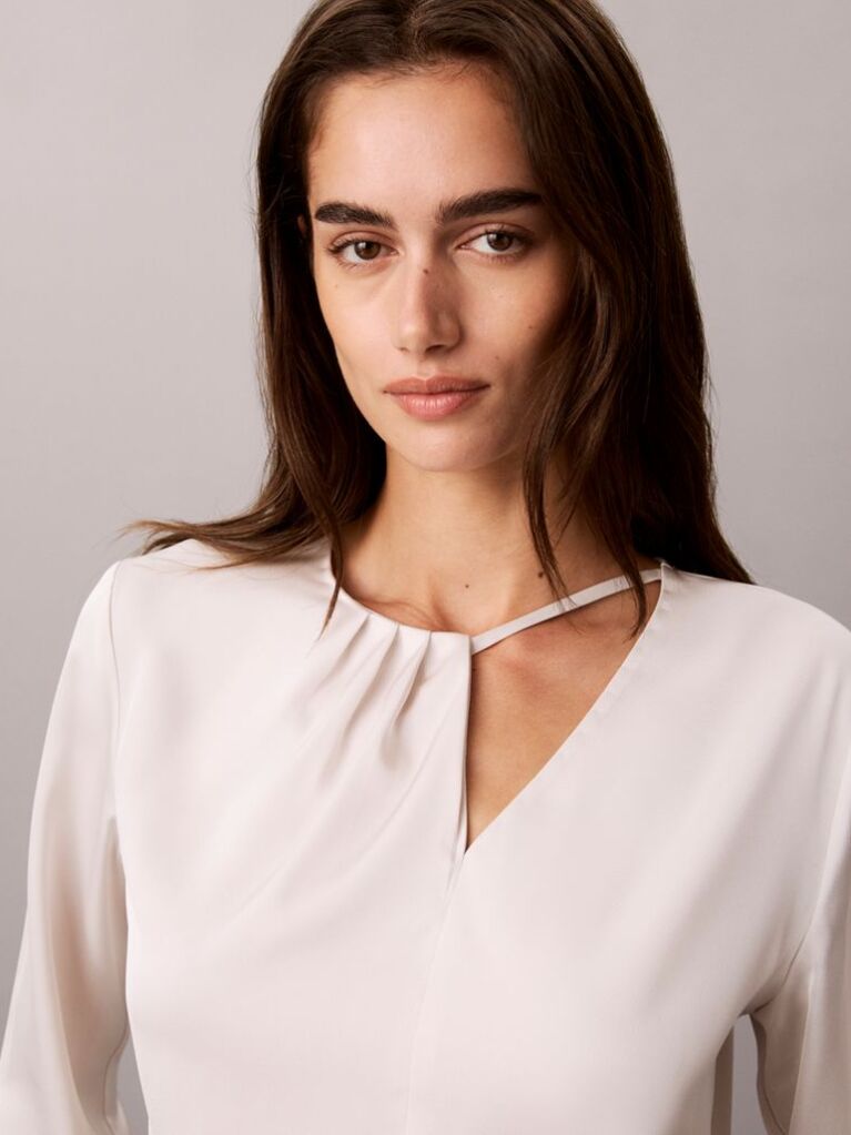White Satin Asymmetrical Long Sleeve Top  Women
