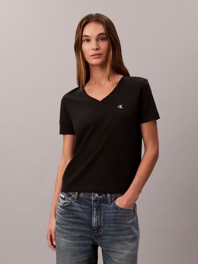 Μαύρο Άνετο T-shirt Με V-Λαιμόκοψη Και Μονόγραμμα  Γυναίκα