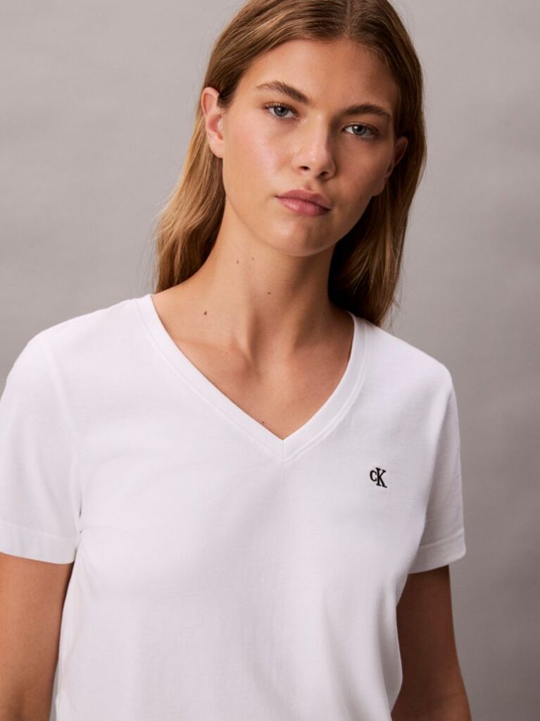 Λευκό Άνετο T-shirt Με V-Λαιμόκοψη Και Μονόγραμμα  Γυναίκα