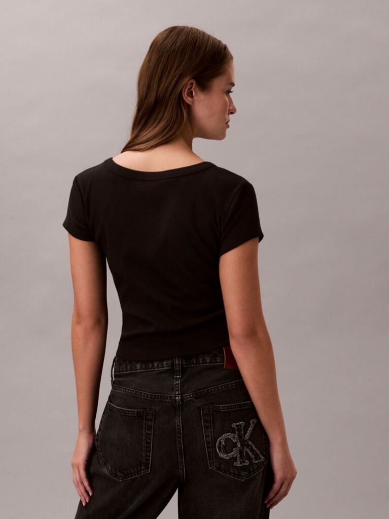 Black Slim Ribbed Cotton Badge T-shirt  Women