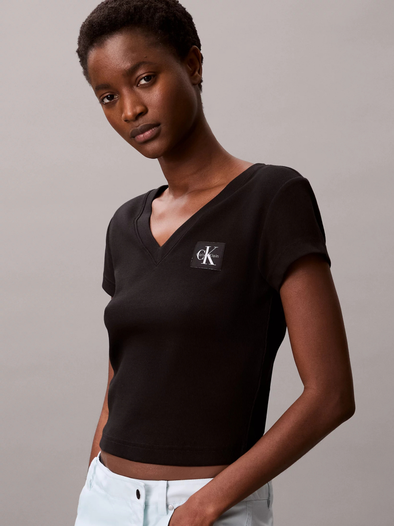 Black Ribbed Cotton V-Neck T-shirt  Women