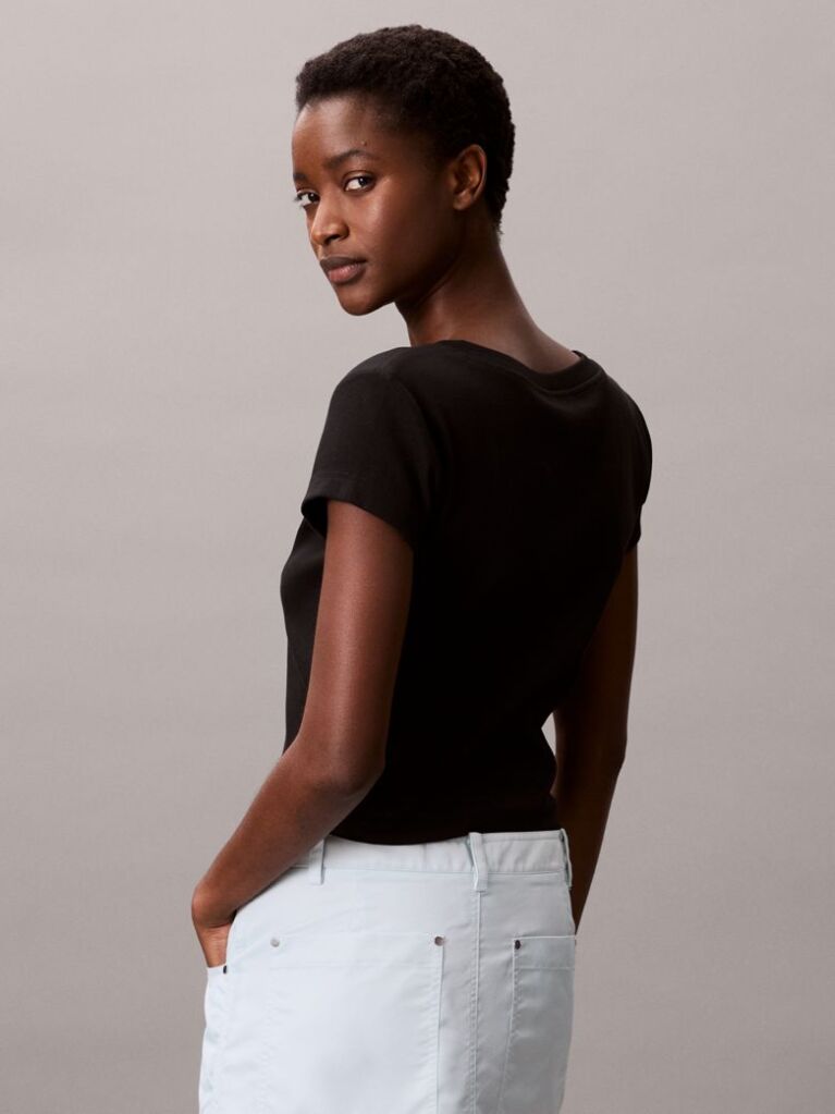 Black Ribbed Cotton V-Neck T-shirt  Women