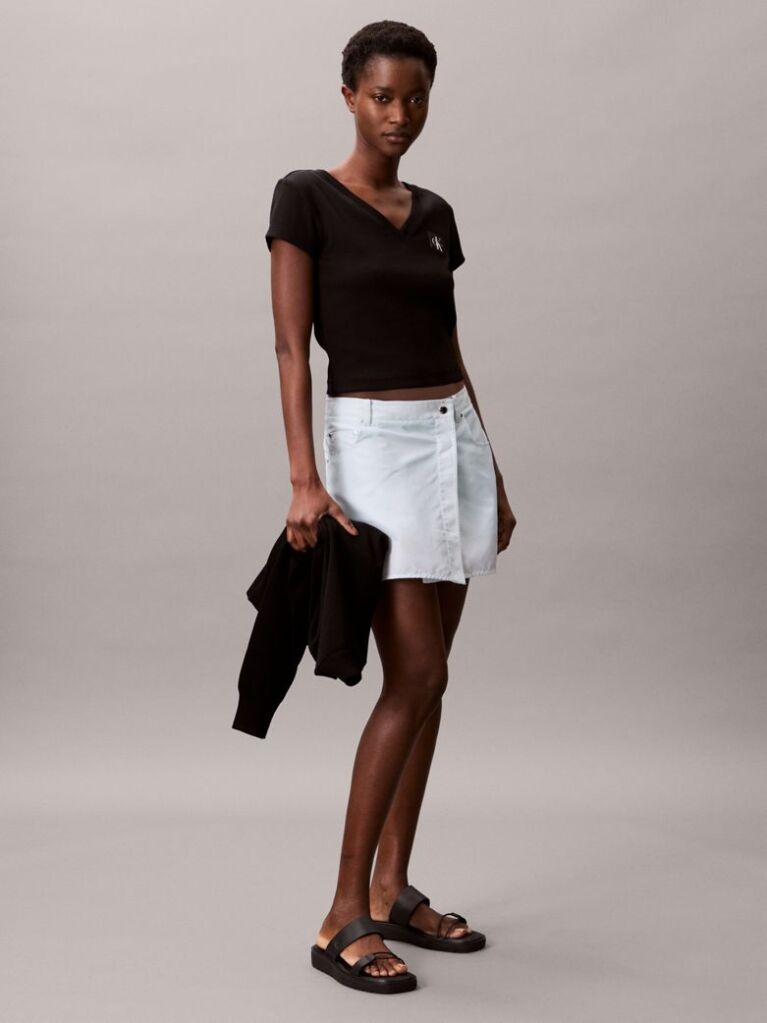 Black Ribbed Cotton V-Neck T-shirt  Women