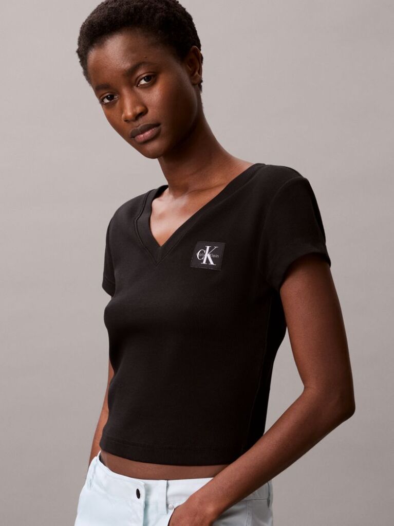 Black Ribbed Cotton V-Neck T-shirt  Women