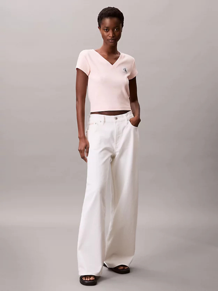 Pink Ribbed Cotton V-Neck T-shirt  Women