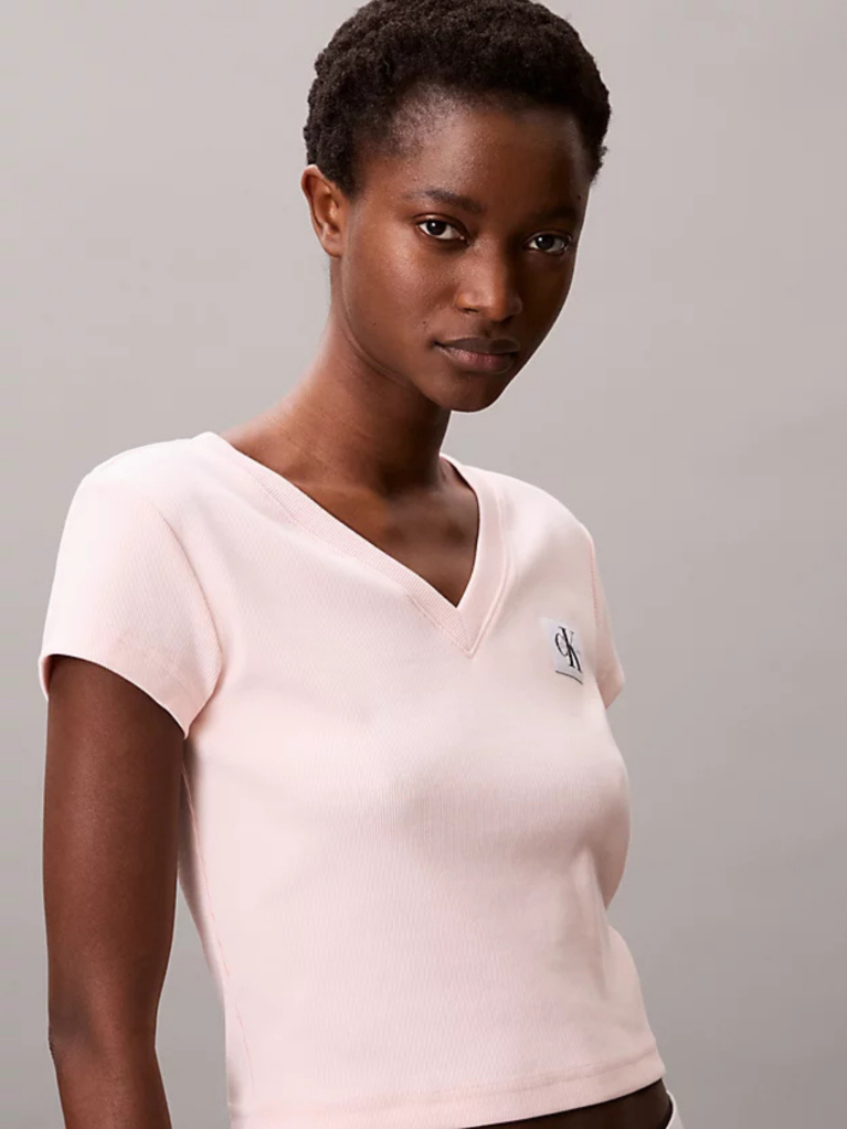 Pink Ribbed Cotton V-Neck T-shirt  Women