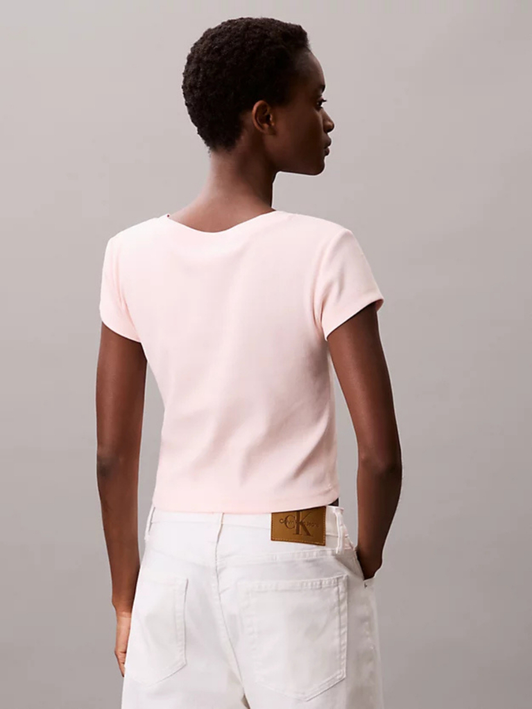 Pink Ribbed Cotton V-Neck T-shirt  Women