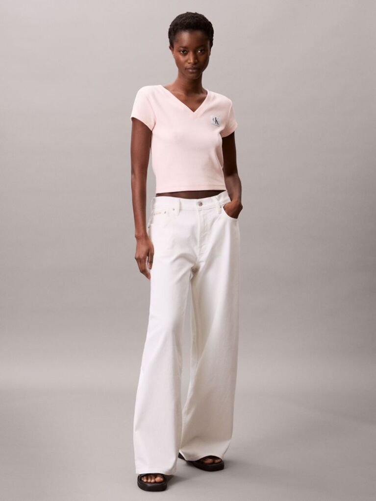 Pink Ribbed Cotton V-Neck T-shirt  Women