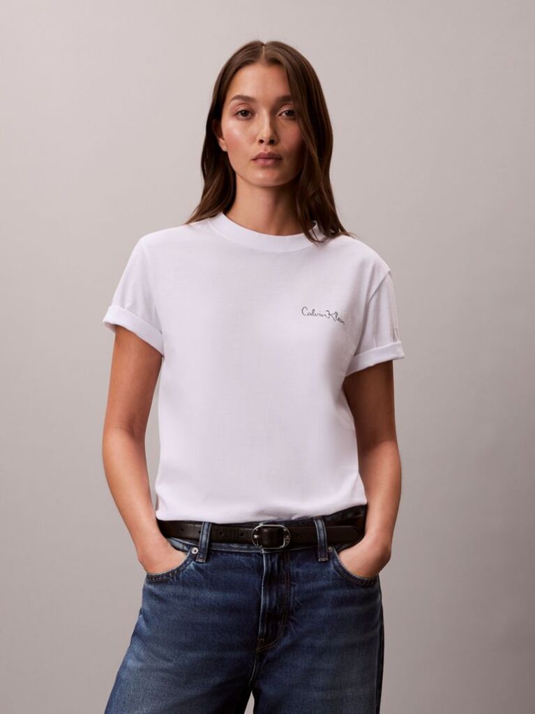 White Script Logo Graphic Classic T-Shirt  Women