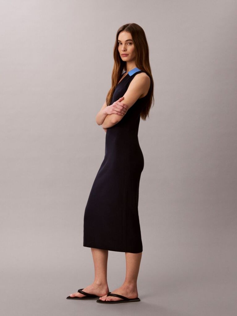 Blue Cotton Knit Sleeveless Polo Dress  Women
