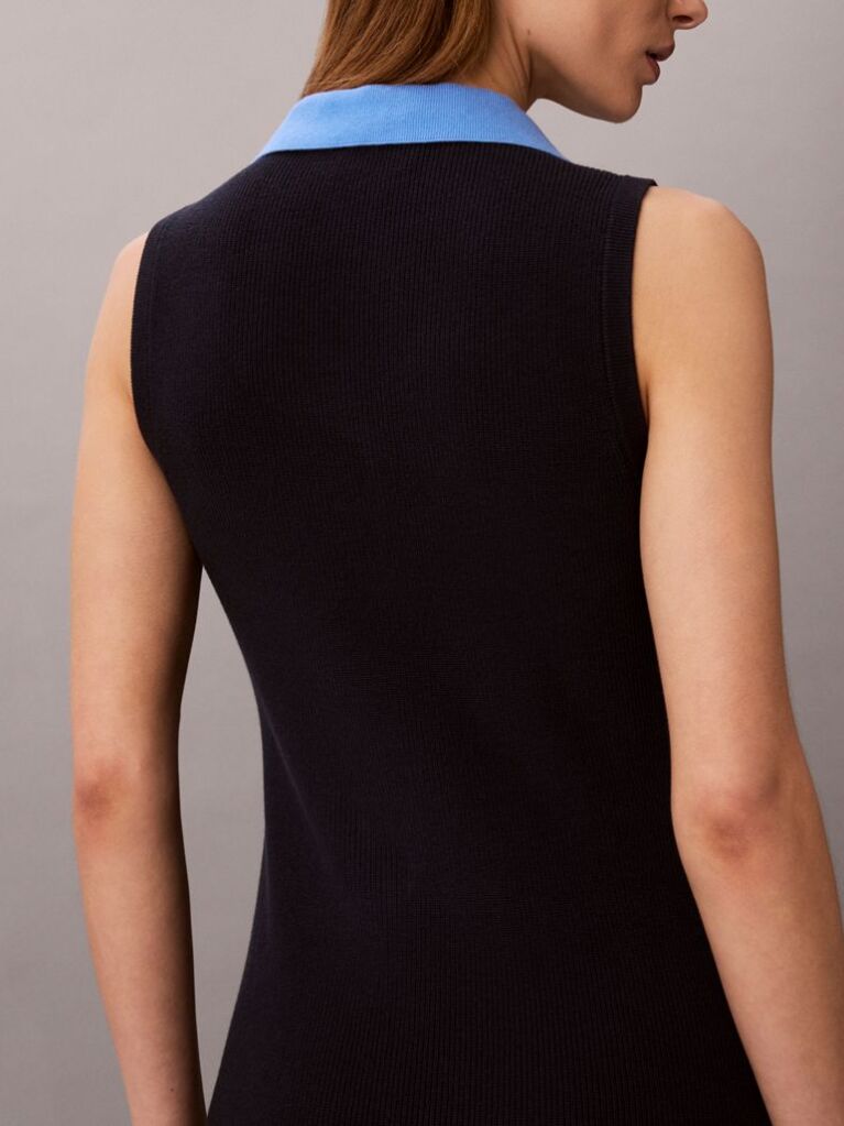 Blue Cotton Knit Sleeveless Polo Dress  Women