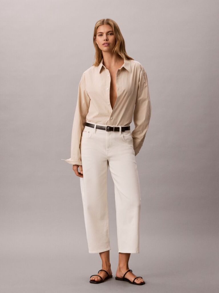 White Cropped Cotton Twill Barrel Trousers  Women