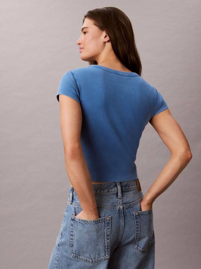 Blue Slim Ribbed Washed Cotton T-shirt  Women