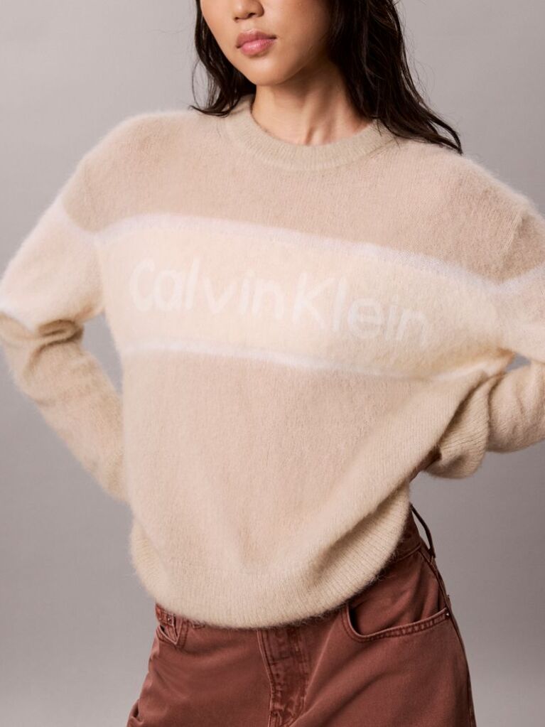 White Alpaca Wool Blend Stripe Logo Jumper  Women