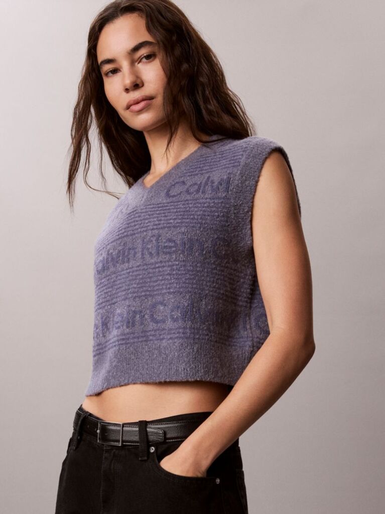 Blue Wool Blend Textured Logo Sweater Vest  Women