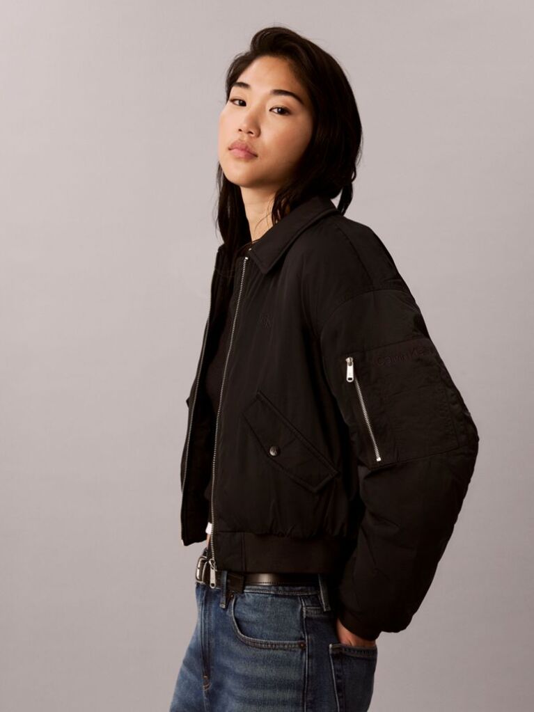 Black Lightly Padded Short Bomber Jacket  Women