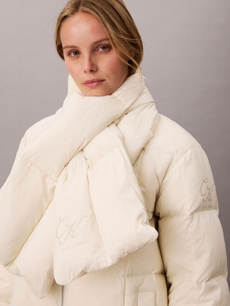Beige Quilted Down Puffer Coat with Scarf  Women