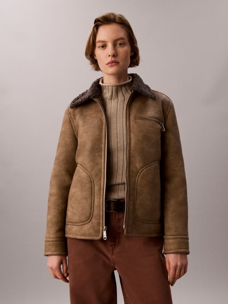 Brown Faux Shearling Aviator Jacket  Women