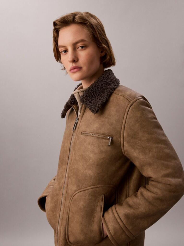 Brown Faux Shearling Aviator Jacket  Women