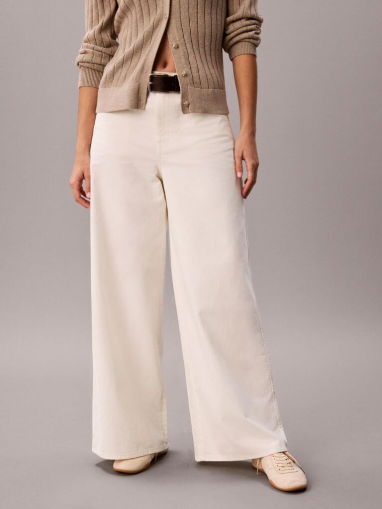White Cotton Twill Wide Leg Trousers  Women