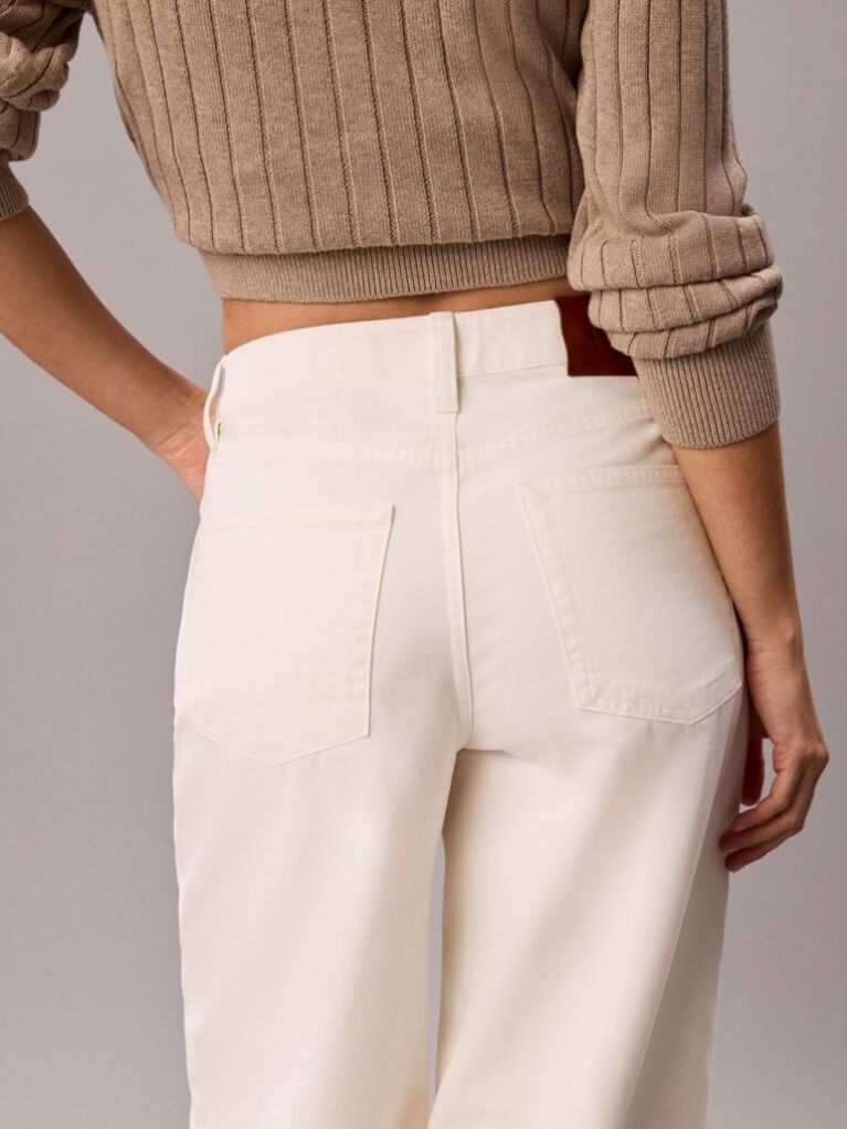 White Cotton Twill Wide Leg Trousers  Women