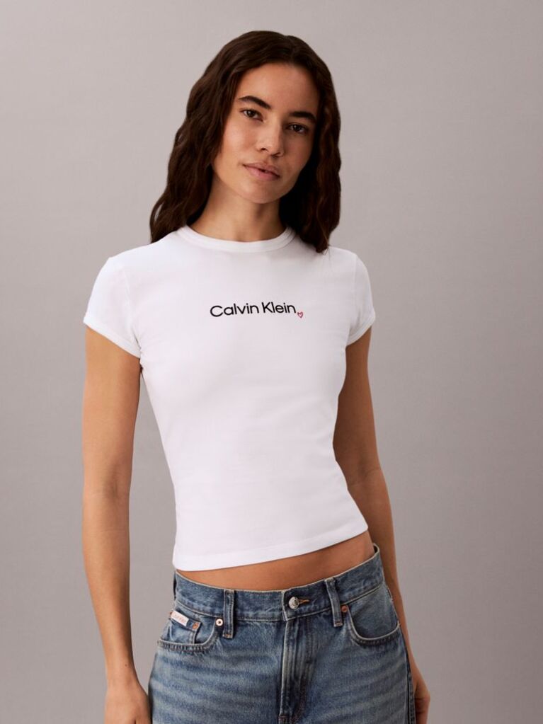 Λευκό Στενό T-shirt Με Λογότυπο Καρδιά  Γυναίκα