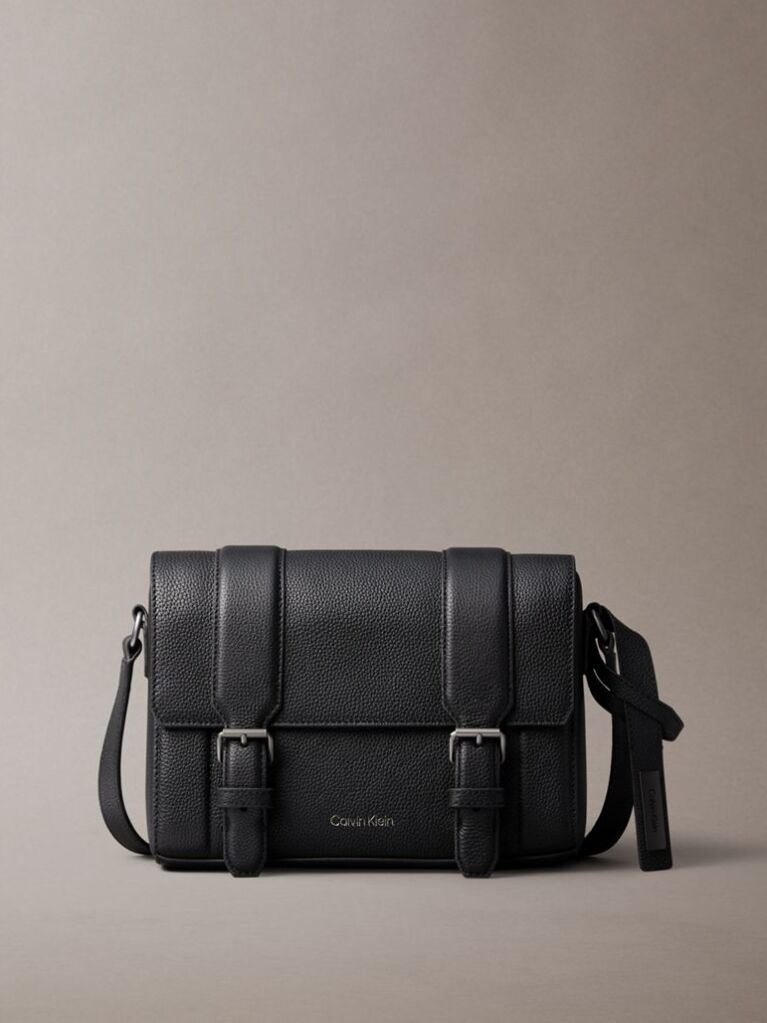 Black Small Leather Flap Messenger Bag  Men