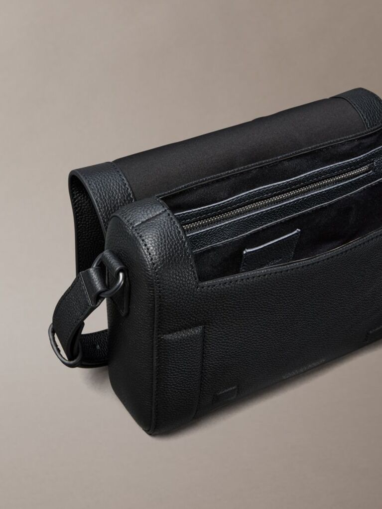 Black Small Leather Flap Messenger Bag  Men