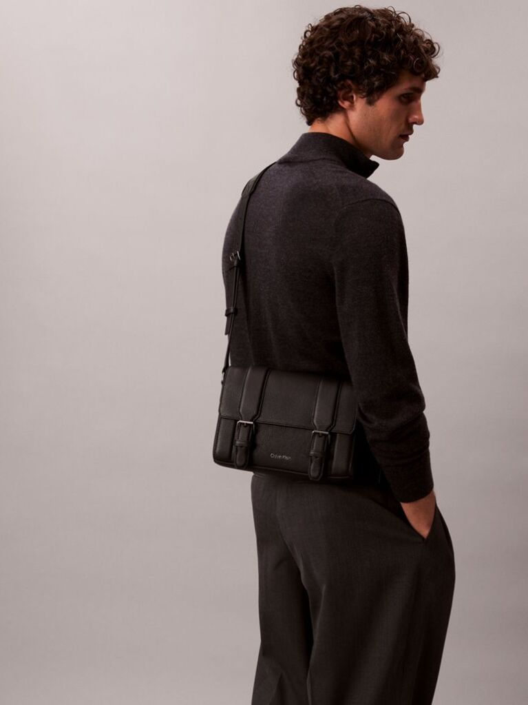 Black Small Leather Flap Messenger Bag  Men