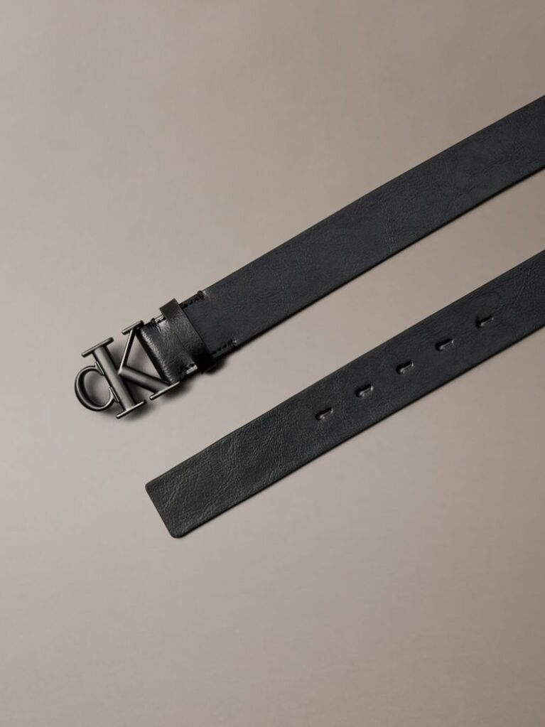 Black Full Grain Leather Logo Belt  Men