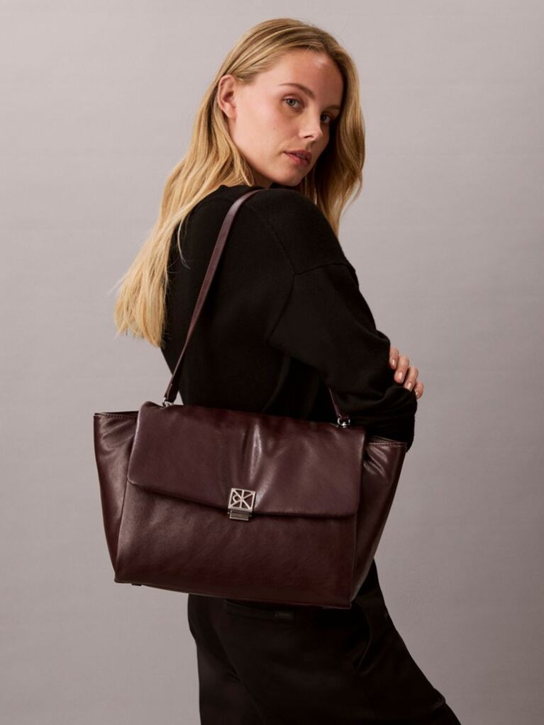 Red Padded Emblem Hardware Laptop Satchel  Women
