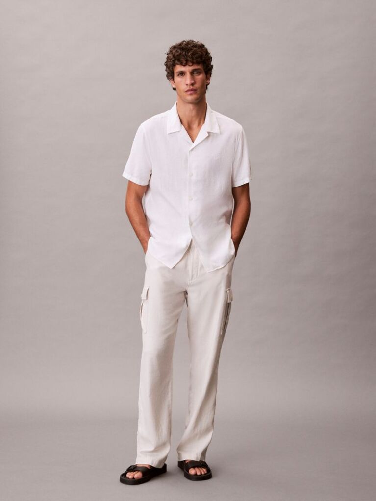 White Linen Blend Short Sleeve Shirt  Men