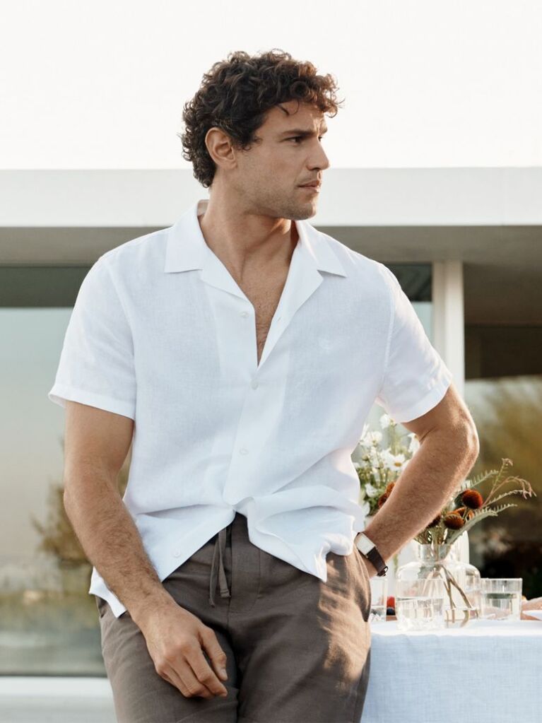 White Linen Blend Short Sleeve Shirt  Men
