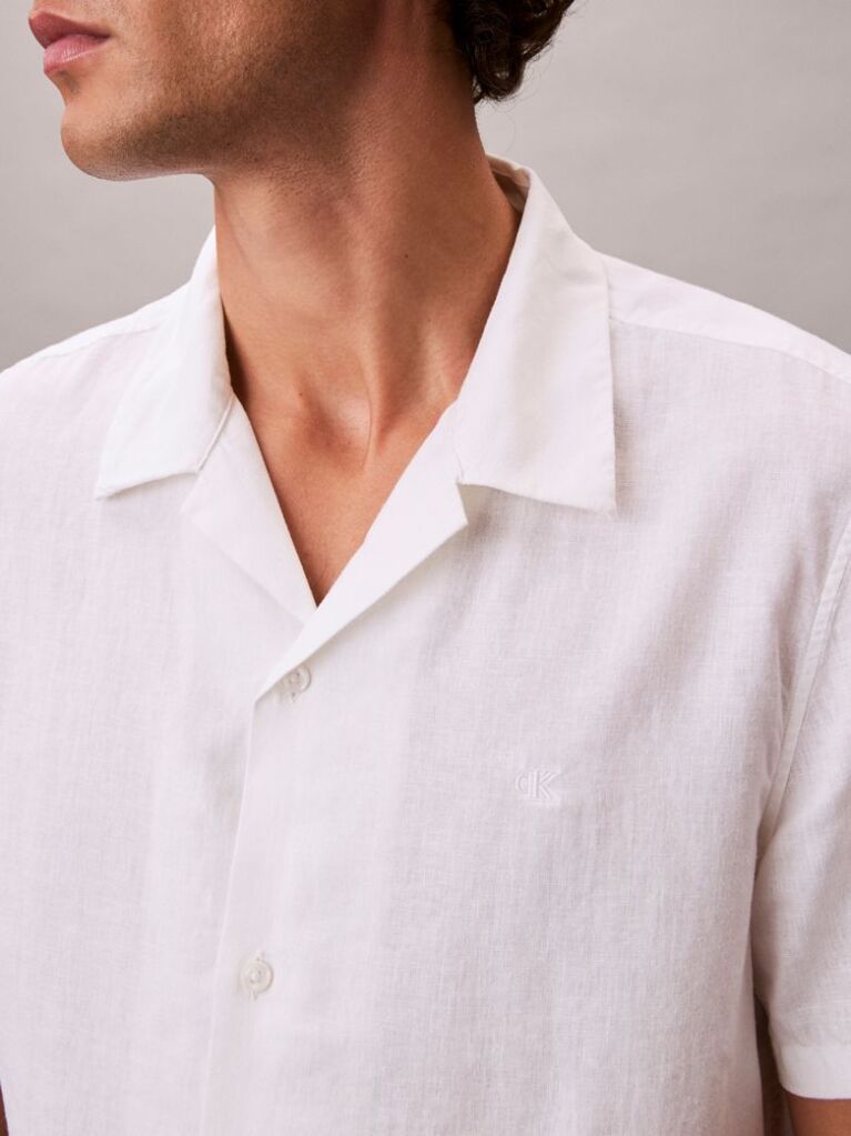 White Linen Blend Short Sleeve Shirt  Men