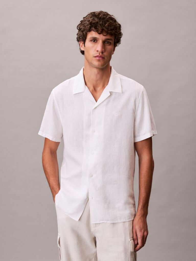 White Linen Blend Short Sleeve Shirt  Men