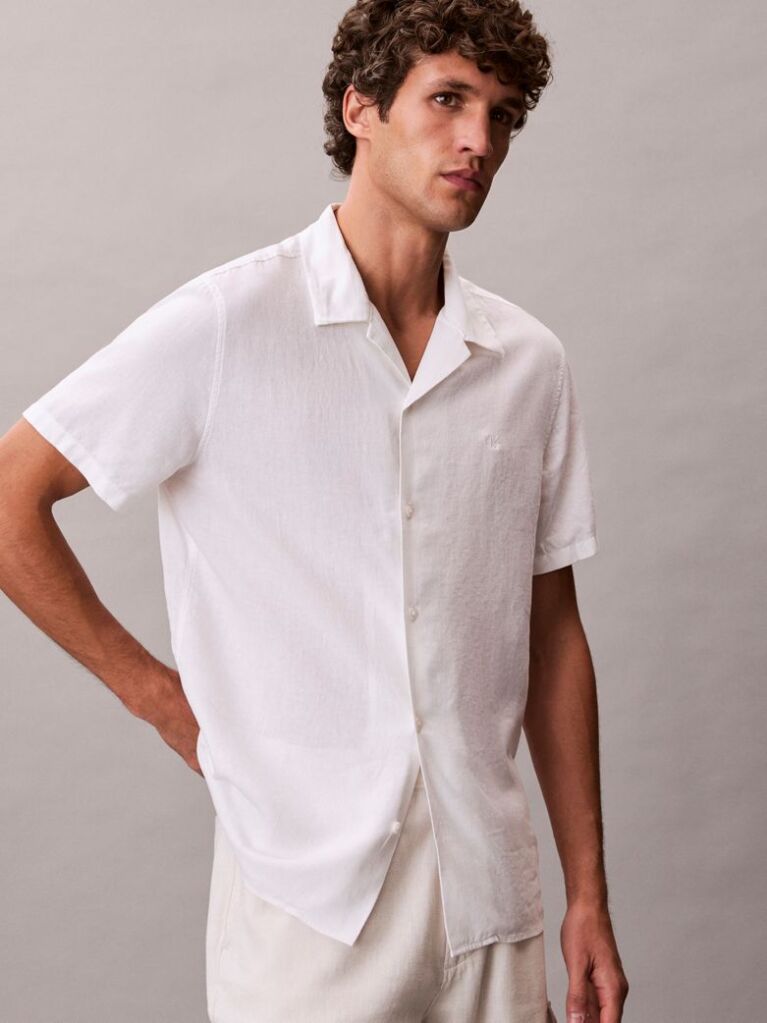 White Linen Blend Short Sleeve Shirt  Men