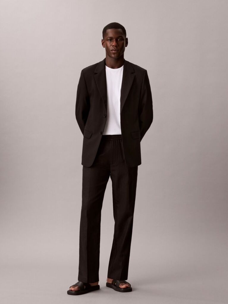 Black Linen Cotton Drawstring Trousers  Men