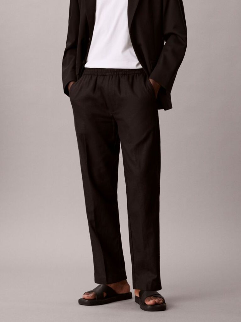 Black Linen Cotton Drawstring Trousers  Men