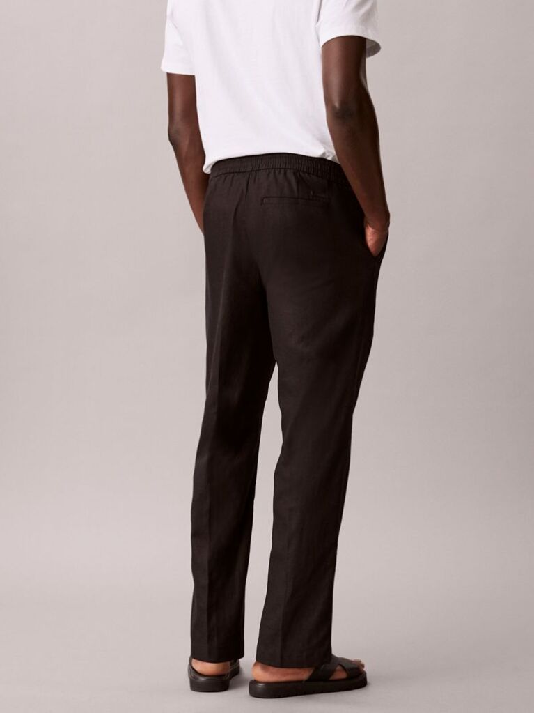 Black Linen Cotton Drawstring Trousers  Men