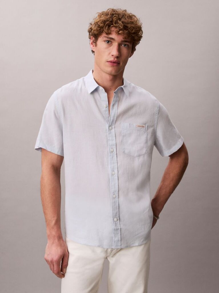 Blue Short Sleeve Solid Causal Linen Classic Shirt  Men