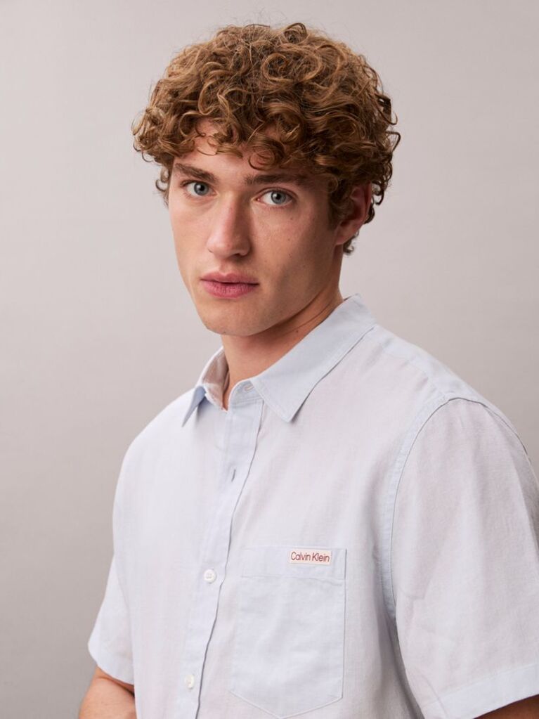 Blue Short Sleeve Solid Causal Linen Classic Shirt  Men