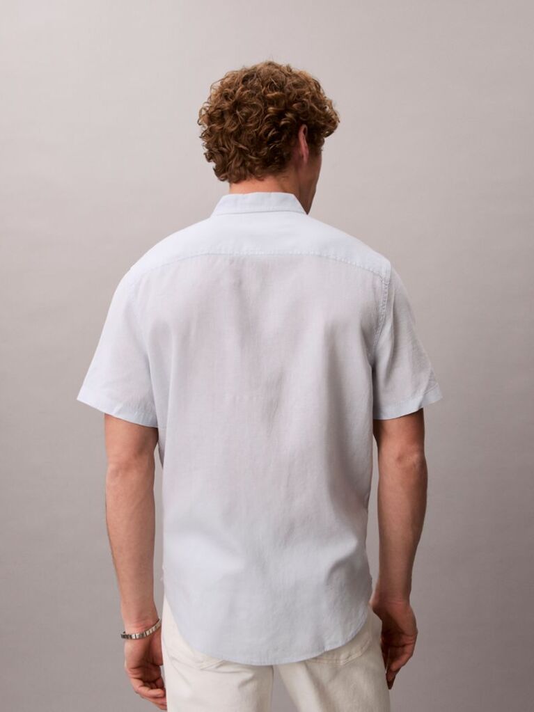 Blue Short Sleeve Solid Causal Linen Classic Shirt  Men
